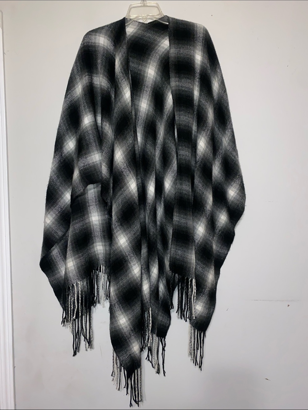 Black & White Plaid Fringe Poncho Shrug